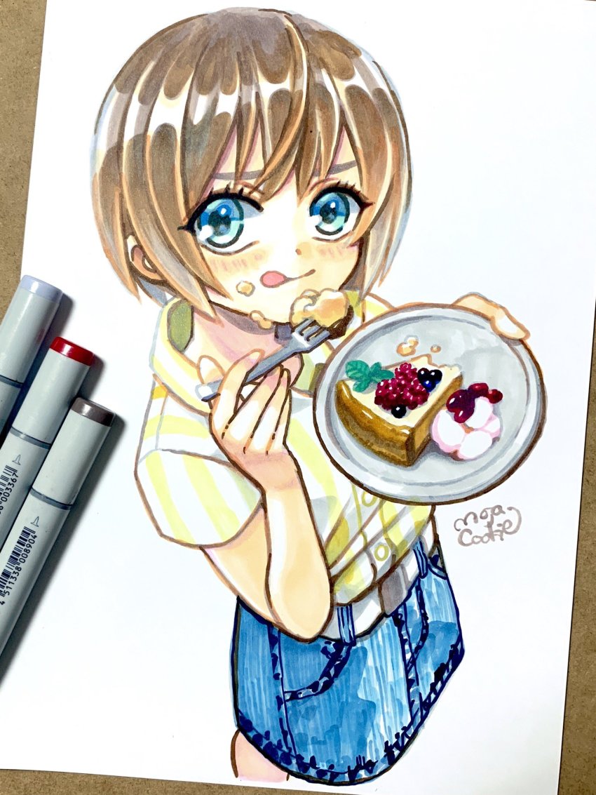 1girl art_tools_in_frame barcode belt blue_eyes blue_skirt blush brown_hair cheesecake collared_shirt cowboy_shot eating female_focus food fork from_above highres leaf marker_(medium) mojacookie original photo_(medium) plate shirt shirt_tucked_in short_sleeves signature simple_background skirt solo striped_clothes striped_shirt tongue tongue_out traditional_media white_background