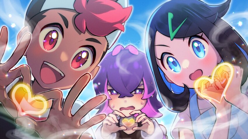 1boy 2girls :d apron black_hat blue_apron blush bright_pupils commentary_request creatures_(company) dark-skinned_male dark_skin day dot_(pokemon) eyelashes game_freak hair_between_eyes hair_ornament hairclip hands_up hat heart heart_hands highres liko_(pokemon) multiple_girls nintendo open_mouth outdoors pokemon pokemon_(anime) pokemon_horizons purple_eyes purple_hair roy_(pokemon) shirt sky smile sweat teeth upper_teeth_only white_pupils white_shirt wing_(wing_0319)