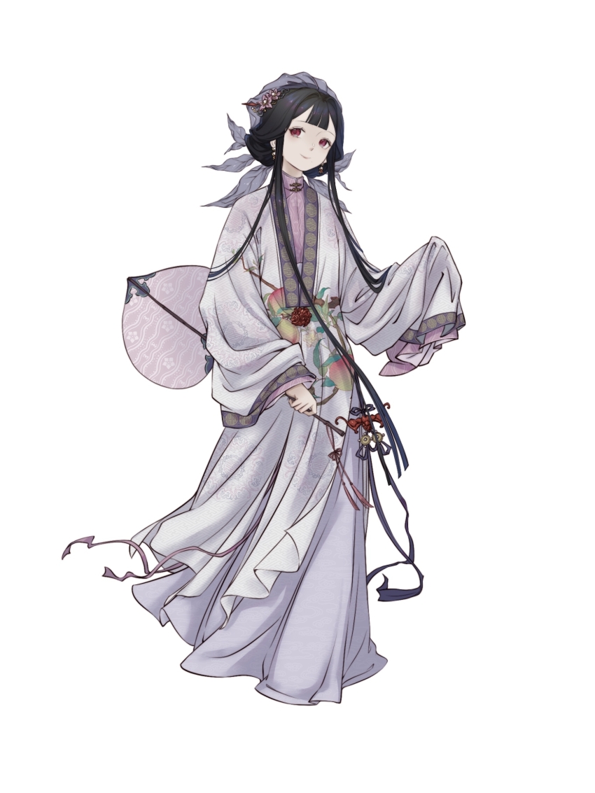 1girl alternate_costume beizi_(clothing) black_hair blunt_bangs chinese_clothes closed_mouth double-parted_bangs flower food-themed_hair_ornament full_body futao_ping_(wuhua_mixin) hair_ornament hanfu highres holding long_hair long_sleeves looking_at_viewer peach_print red_eyes sidelocks simple_background sleeves_past_wrists smile solo standing ubk_moyu very_long_hair white_background wide_sleeves wuhua_mixin