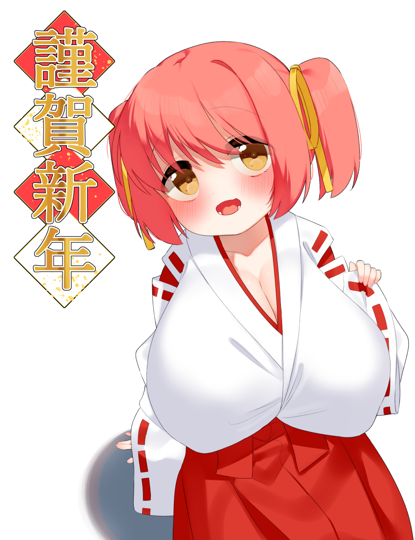 1girl absurdres blush breasts hair_ribbon highres huge_breasts japanese_clothes long_sleeves looking_at_viewer miko open_mouth oppai_loli original pedocchi red_hair ribbon solo twintails yellow_eyes