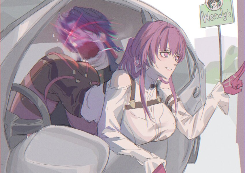 1boy 1girl ass bent_over black_shorts blade_(honkai:_star_rail) blue_hair breasts car car_interior clothing_cutout collared_shirt gloves glowing glowing_eyes gnarlypzofbread he_wants_to_order_(meme) high-waist_shorts highres honkai:_star_rail honkai_(series) honkai_impact_3rd kafka_(honkai:_star_rail) large_breasts let&#039;s_fucking_go_(meme) meme motor_vehicle open_mouth pantyhose ponytail purple_eyes purple_gloves purple_hair purple_pantyhose red_eyes shirt shorts shoulder_cutout wendy_(honkai_impact) white_shirt