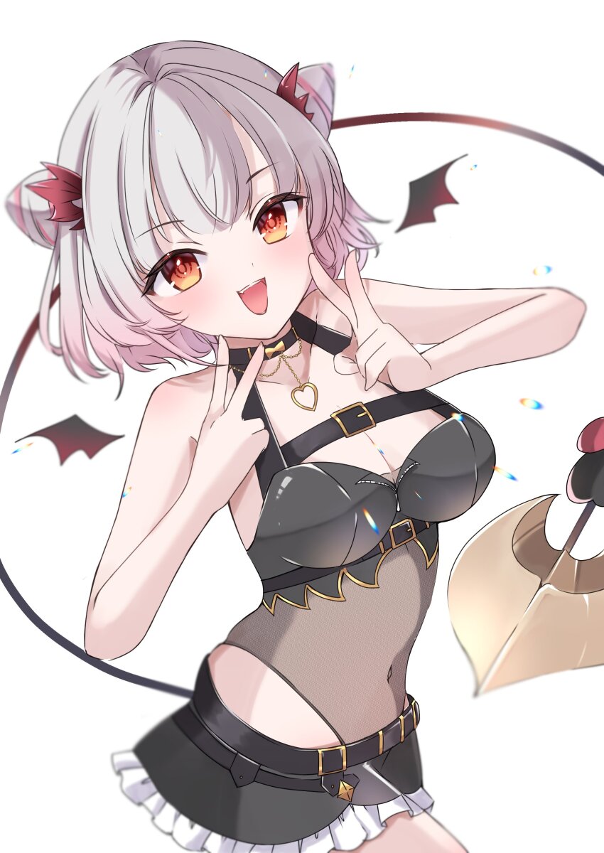 1girl absurdres awasemiso belt black_belt black_skirt blush breasts chest_belt cleavage commentary_request cone_hair_bun covered_navel cowboy_shot demon_girl demon_horns demon_tail demon_wings detached_wings diffraction_spikes double_v frilled_skirt frills gradient_hair grey_hair hair_bun heart highres horns indie_virtual_youtuber looking_at_viewer medium_breasts mini_wings miniskirt multicolored_hair open_mouth orange_eyes pink_hair red_horns red_wings see-through_clothes see-through_shirt shirt short_hair simple_background skirt sleeveless sleeveless_shirt smile solo suou_patra tail v virtual_youtuber white_background wings