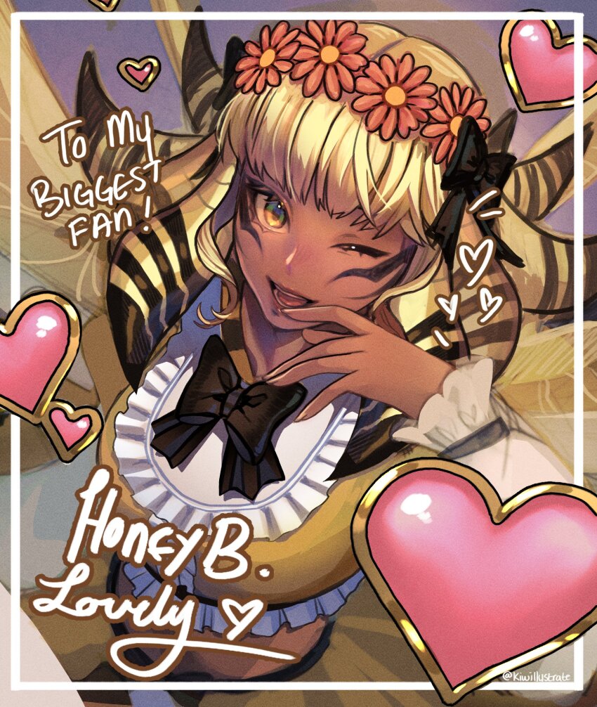 black_bow black_bowtie black_hair blonde_hair blunt_bangs bow bowtie character_signature crop_top dark-skinned_female dark_skin english_text facial_mark final_fantasy final_fantasy_xiv hair_bow head_wreath heart highres honey_b._lovely kiwillustrate medium_hair multicolored_hair one_eye_closed shirt skirt twitter_username yellow_eyes yellow_shirt yellow_skirt