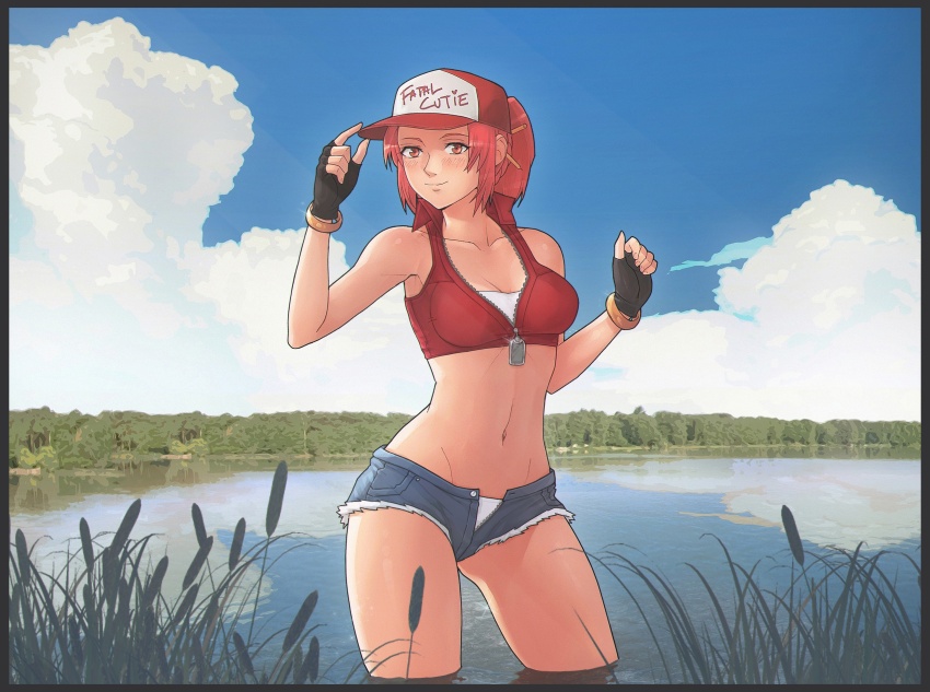 1girl baseball_cap black_gloves breasts cattail character_request cleavage cloud commentary cowboy_shot cropped_vest denim denim_shorts everlasting_summer fingerless_gloves gloves hat highres lake leonzo medium_breasts open_fly panties plant red_eyes red_hair short_shorts shorts smile solo underwear vest wading white_panties zipper_pull_tab