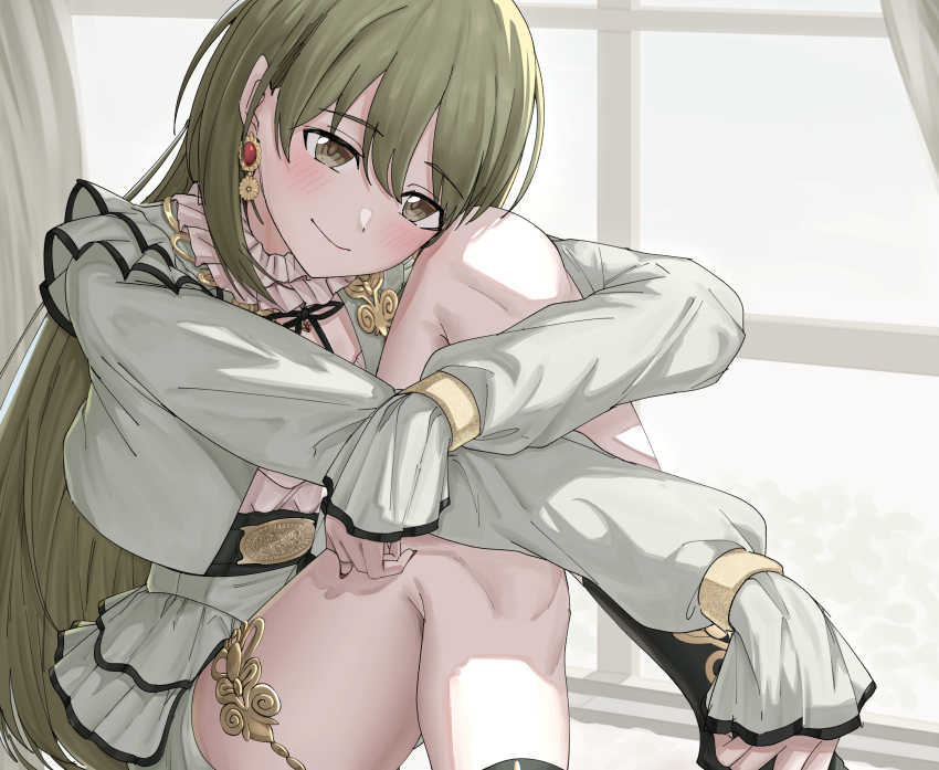 1girl absurdres blush commentary earrings green_eyes green_hair green_jacket green_shorts head_tilt highres idolmaster idolmaster_shiny_colors jacket jewelry long_hair long_sleeves nanakusa_nichika open_clothes open_jacket shorts sitting sleeves_past_fingers sleeves_past_wrists smile solo take978733141 very_long_hair