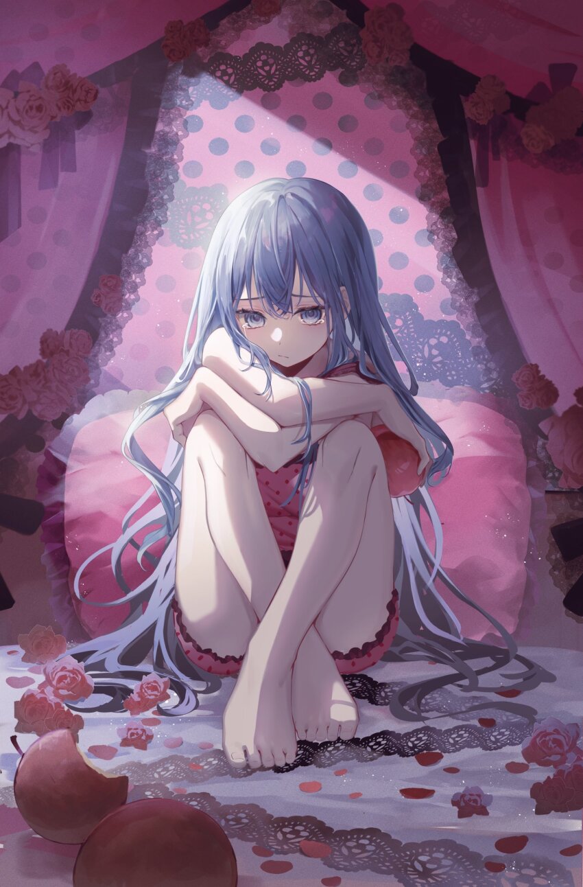 1girl :/ apple barefoot bed bitten_apple black_lace_trim blue_eyes blue_hair camisole canopy_bed crossed_arms crossed_legs crying crying_with_eyes_open curtains fetal_position flower food food_bite frilled_pillow frills fruit hair_down hatsune_miku highres holding holding_food holding_fruit knees_to_chest light_blue_hair long_hair messy_hair murumuru_(pixiv51689952) pale_skin petals pillow pink_camisole pink_curtains pink_pillow pink_theme polka_dot_camisole red_flower red_rose romeo_to_cinderella_(vocaloid) rose sad self_hug sitting solo streaming_tears tearing_up tears very_long_hair vocaloid