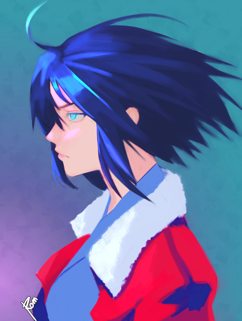 1girl absurdres black_hair blue_eyes breasts cropped_torso fur_trim highres jacket japanese_clothes kara_no_kyoukai kimono layered_clothes leather leather_jacket medium_breasts moedredd multicolored_background mystic_eyes_of_death_perception ryougi_shiki serious short_hair