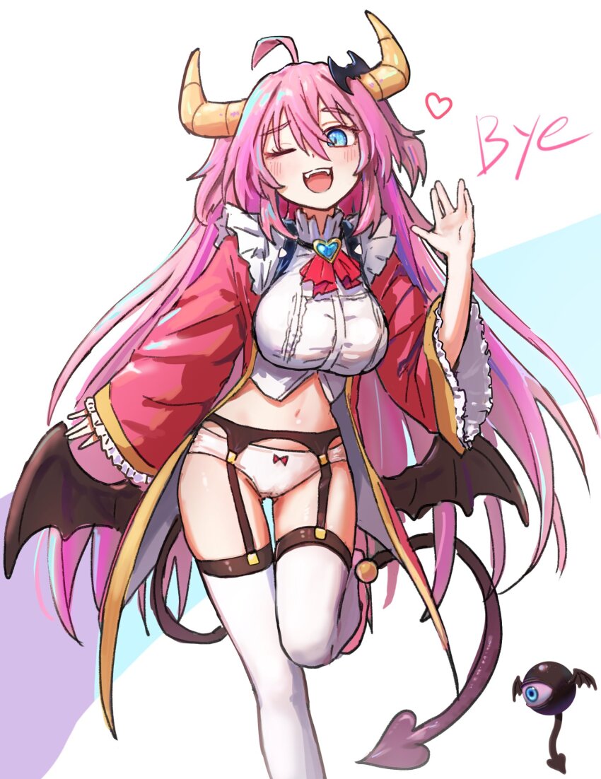 1girl ;d abaaaaaaa ahoge ascot black_tail black_wings blue_eyes breasts cowboy_shot demon_tail demon_wings garter_belt garter_straps gluteal_fold hand_up heart highres horns jacket large_breasts long_hair long_sleeves low_wings navel one_eye_closed open_mouth original panties pink_footwear pink_hair red_ascot red_jacket shirt smile solo standing standing_on_one_leg tail thighhighs two_side_up underwear white_background white_panties white_shirt white_thighhighs wings yellow_horns