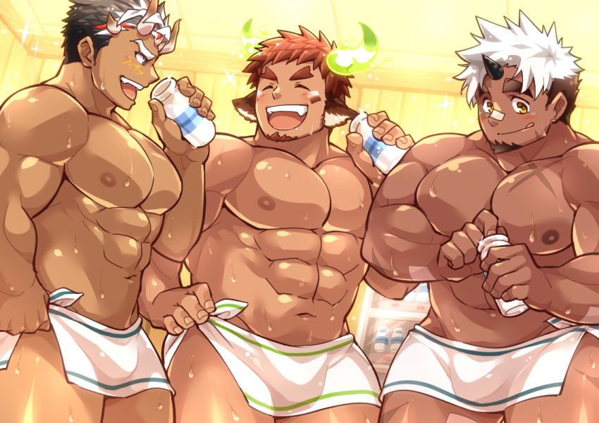 3boys akiha_gongen_(housamo) alternate_costume animal_ears bandaid bandaid_on_face bandaid_on_nose bara black_hair blue_eyes bottle brown_hair cow_boy cow_ears cow_horns dark-skinned_male dark_skin demon_boy demon_horns extra_horns facial_hair fiery_horns forked_eyebrows glowing_horns goatee horns large_pectorals macroich_(housamo) male_focus mature_male milk milk_bottle multicolored_hair multiple_boys muscular muscular_male naked_towel nipples pectorals sauna scar short_hair sideburns single_horn smile spiked_hair sweat sweatdrop thick_eyebrows tokyo_houkago_summoners towel two-tone_hair wakan_tanka white_hair