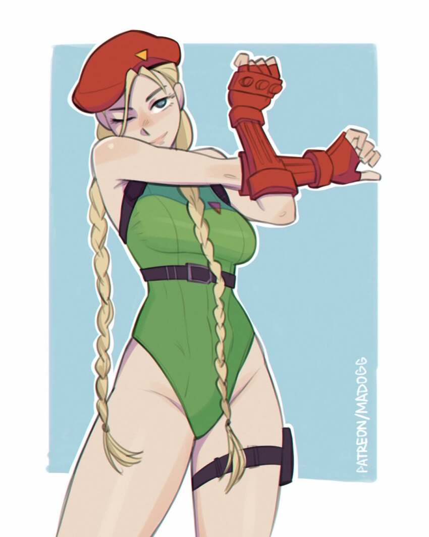 1girl blonde_hair braid breasts cammy_white fingerless_gloves gloves hat leotard lips long_hair madogg medium_breasts one_eye_closed street_fighter stretching