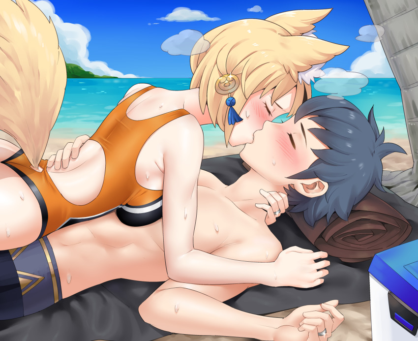 1boy 1girl absurdres alternate_costume animal_ear_fluff animal_ears beach blonde_hair blue_hair blush breast_press breasts closed_eyes cloud commission commissioner_upload competition_swimsuit fire_emblem fire_emblem_fates fox_girl girl_on_top hand_on_another&#039;s_neck hetero highres husband_and_wife igni_tion jewelry kiragi_(fire_emblem) kiss lying male_swimwear medium_breasts nintendo on_back one-piece_swimsuit outdoors ring selkie_(fire_emblem) sweat swim_trunks swimsuit wedding_ring