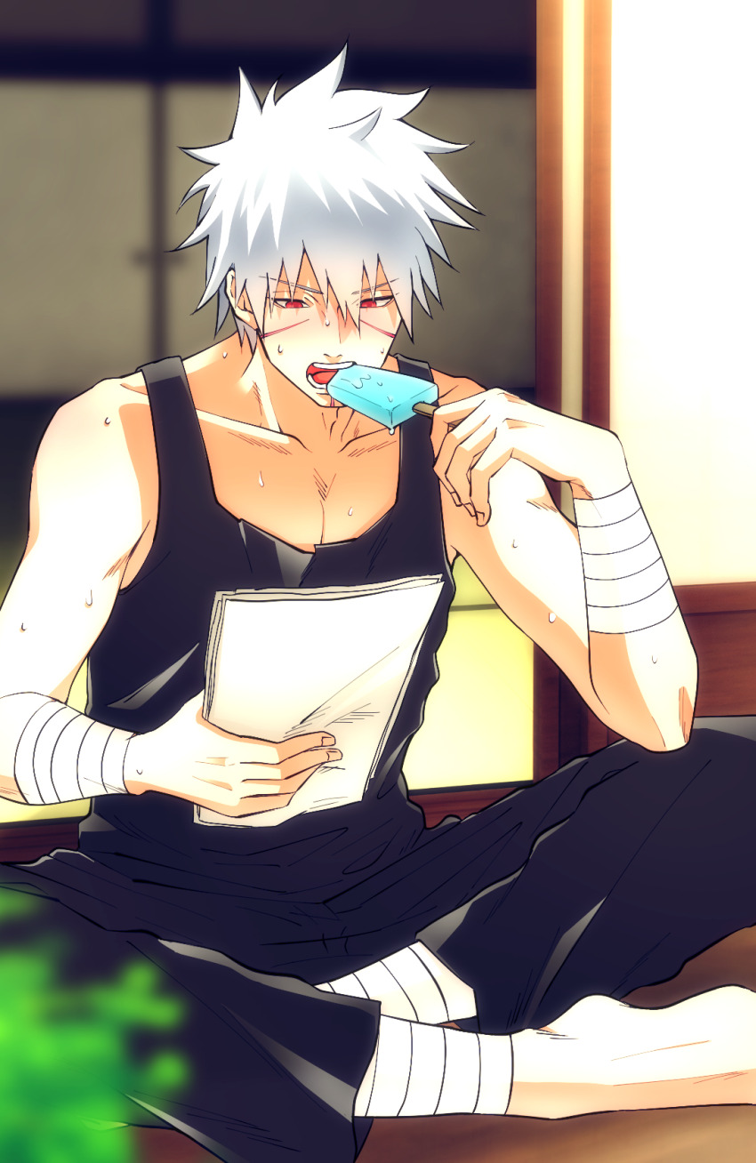 1boy bandaged_arm bandages black_pants black_tank_top blurry collarbone commentary_request depth_of_field food hair_between_eyes highres holding holding_paper kemu_(19002265km) male_focus naruto_(series) pants paper pectoral_cleavage pectorals popsicle reading red_eyes scar scar_on_face senju_tobirama short_hair sitting solo spiked_hair summer tank_top teeth