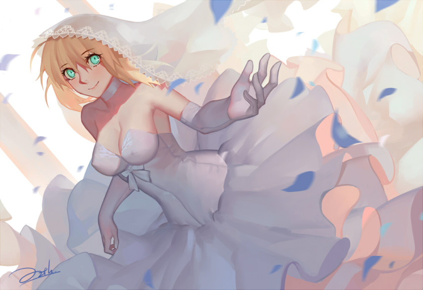 1girl alternate_breast_size artoria_pendragon_(all) artoria_pendragon_(fate) bianyuanqishi blonde_hair breasts choker cleavage dress elbow_gloves fate/grand_order fate/stay_night fate_(series) female_focus gloves green_eyes official_alternate_costume petals saber_(fate) saber_(royal_dress)_(fate) short_hair signature smile solo wedding_dress white_gloves