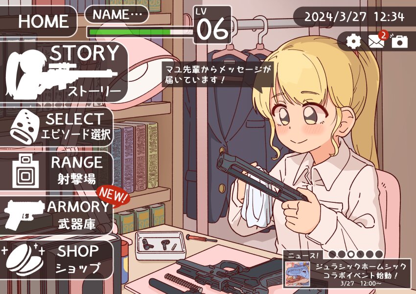 1girl blonde_hair blush bocchi-ya-nawi book bookshelf cleaning_gun cleaning_rag closed_mouth clothes_rack collared_shirt commentary_request desk desk_lamp disassembly dress_shirt fake_screenshot gun handgun highres holding holding_rag indoors jacket lamp long_hair long_sleeves on_chair original ponytail shirt sitting sleeve_cuffs smile solo translation_request unworn_jacket upper_body user_interface wd-40 weapon white_shirt