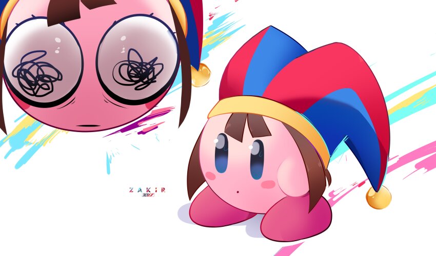 absurdres artist_name blush_stickers brown_hair copy_ability cosplay crossover hat highres jester_cap kirby kirby_(series) nintendo pomni_(the_amazing_digital_circus) pomni_(the_amazing_digital_circus)_(cosplay) solo squiggle_eyes the_amazing_digital_circus white_background zahir_zb7