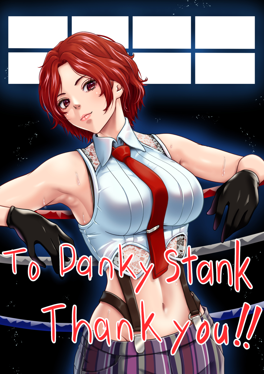 1girl absurdres breasts english_text gloves highres large_breasts legs looking_at_viewer mature_female midriff navel necktie pants pink_lips red_eyes red_hair short_hair smile snk solo suspenders sweat the_king_of_fighters thighs toned vanessa_(kof)