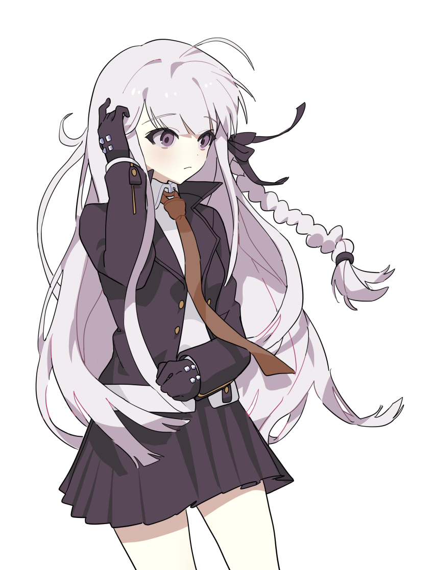 1girl absurdres ahoge black_gloves black_jacket black_ribbon black_skirt braid brown_necktie closed_mouth collared_shirt cowboy_shot danganronpa:_trigger_happy_havoc danganronpa_(series) gloves hair_ribbon highres jacket kirigiri_kyoko long_hair long_sleeves mirae necktie open_clothes open_jacket pleated_skirt purple_eyes purple_hair ribbon shirt simple_background skirt solo white_background