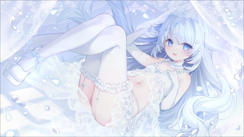 1girl blue_eyes elbow_gloves gloves highres komachi_pochi long_hair looking_at_viewer navel open_mouth panties sanso_chan smile solo thighhighs underwear virtual_youtuber white_gloves white_thighhighs