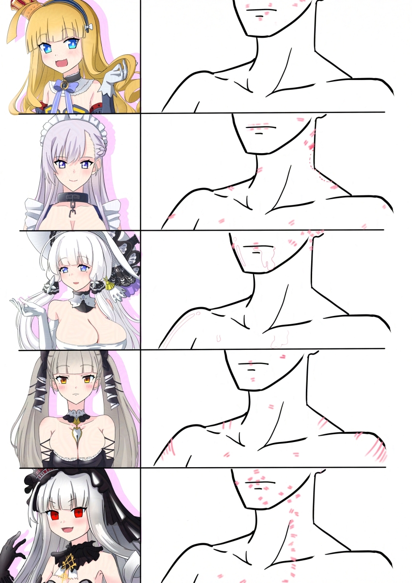 5girls absurdres azur_lane bare_shoulders belfast_(azur_lane) between_breasts black_dress black_gloves black_hairband black_veil blonde_hair blue_eyes breasts broken broken_chain chain cleavage collarbone crown detached_sleeves dress elbow_gloves formidable_(azur_lane) gloves grey_hair hair_ribbon hairband hat highres huge_breasts illustrious_(azur_lane) lace-trimmed_headwear lace_trim large_breasts long_hair looking_at_viewer maid maid_headdress mini_crown mononokeotoko01 multiple_girls open_mouth purple_eyes queen_elizabeth_(azur_lane) queen_elizabeth_(meta)_(azur_lane) red_eyes ribbon strapless strapless_dress sun_hat tri_tails twintails two-tone_dress veil very_long_hair white_dress white_gloves white_hair white_hat