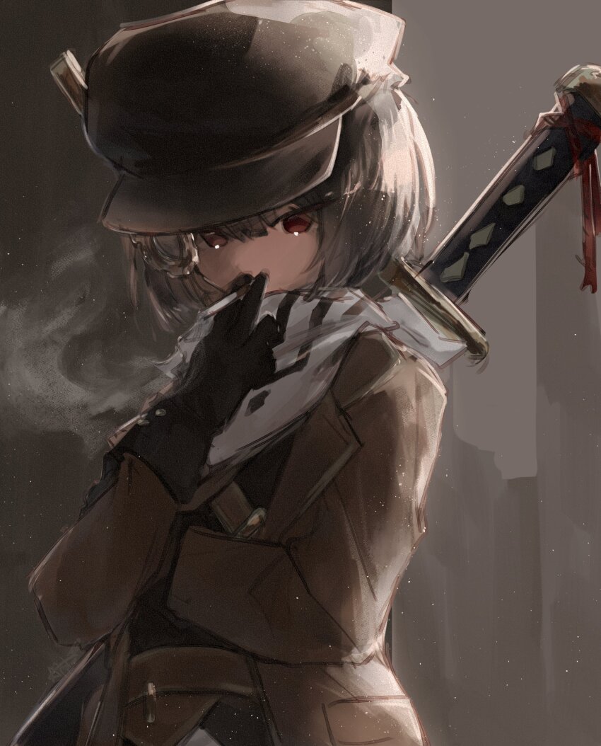 1girl absurdres bandana black_gloves black_hair black_shirt brown_hat brown_jacket cabbie_hat cigarette cowboy_shot gloves hand_up hat highres jacket lapels limbus_company long_sleeves monocle niioys notched_lapels ootachi project_moon red_eyes red_rope rope ryoshu_(project_moon) shirt short_hair smoke smoking solo sword weapon weapon_on_back white_bandana yurodiviye_(identity)_(project_moon)