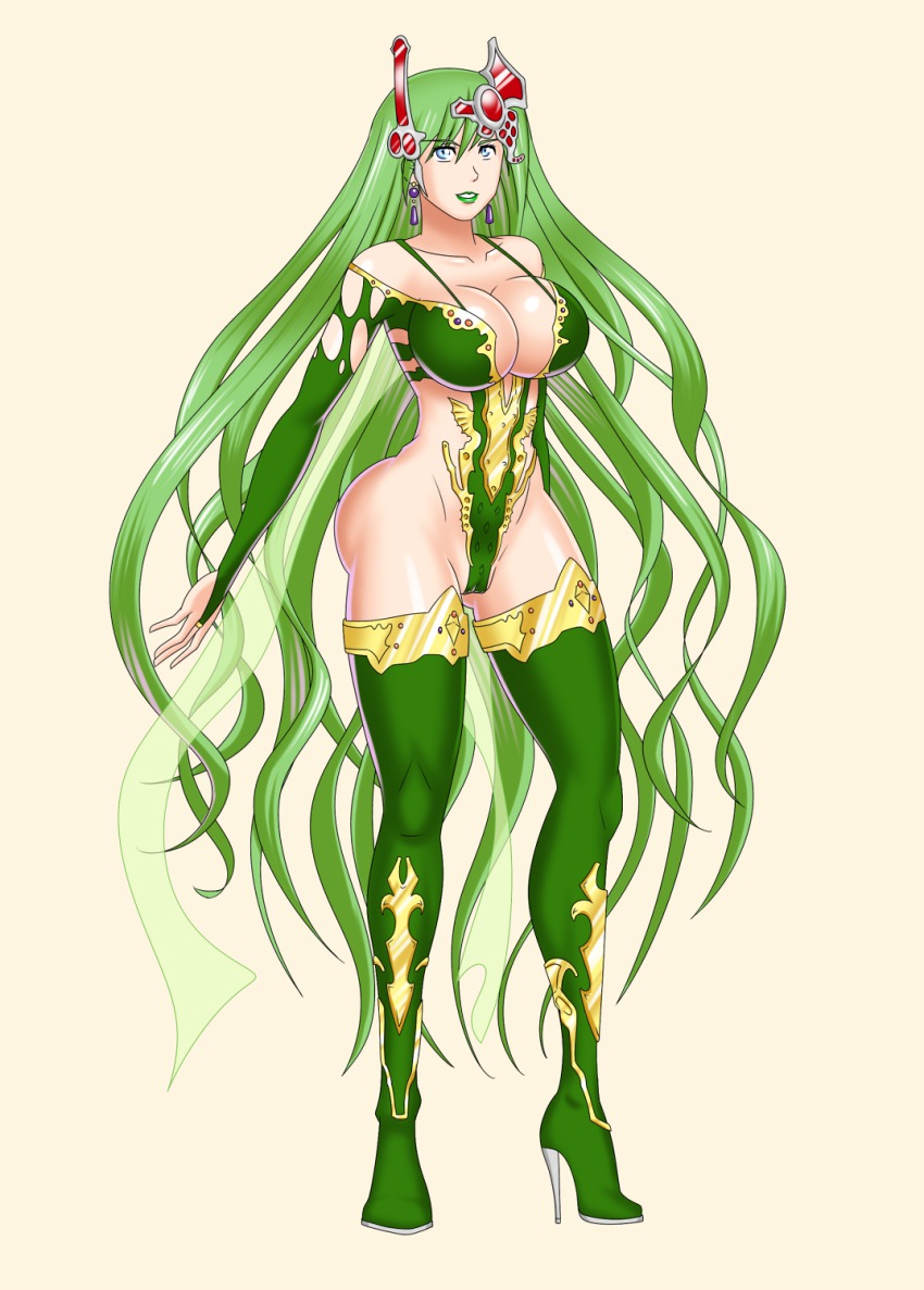 1990s_(style) 1girl bluebullpen boots breasts cameltoe cleavage final_fantasy final_fantasy_iv green_eyes green_footwear green_hair hair_ornament high_heel_boots high_heels highres large_breasts legs leotard lipstick long_hair long_legs makeup rydia_(ff4) thigh_boots thighhighs thighs very_long_hair