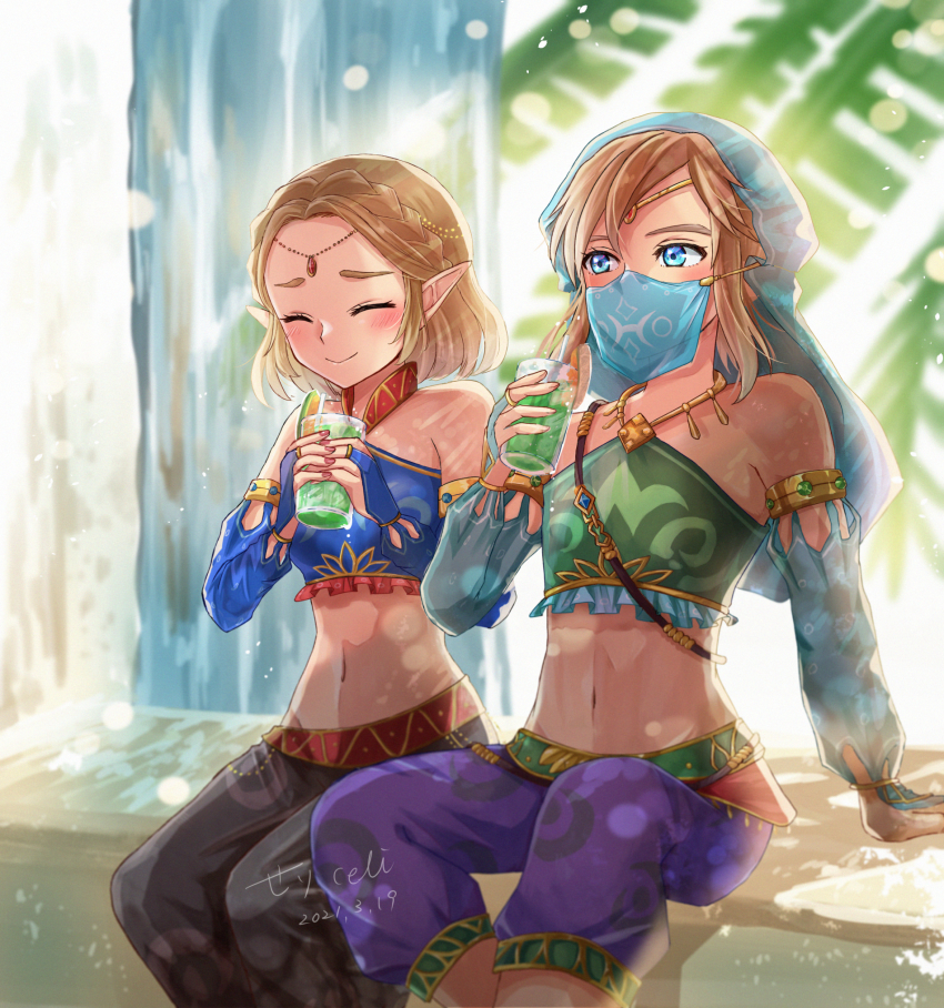 1boy 1girl blonde_hair blue_eyes blush bridal_gauntlets circlet crossdressing cup detached_sleeves drinking_glass gerudo_set_(zelda) highres link mouth_veil navel nintendo pointy_ears princess_zelda seri_(yuukasakura) short_hair sitting smile stomach the_legend_of_zelda the_legend_of_zelda:_breath_of_the_wild the_legend_of_zelda:_tears_of_the_kingdom trap veil