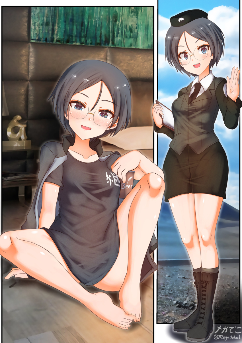 1girl artist_name barefoot beer_can beret black_footwear black_headwear black_jacket black_neckwear black_skirt blue_eyes blue_jacket blush boots can casual clipboard cross-laced_footwear day dress_shirt drink_can emblem girls_und_panzer glasses grey_hair half-closed_eyes hat highres holding holding_can holding_clipboard jacket jacket_on_shoulders japanese_tankery_league_(emblem) keizoku_military_uniform lace-up_boots long_sleeves looking_at_viewer megadeko military military_hat military_uniform miniskirt multiple_views necktie no_pants on_floor open_mouth outdoors outside_border pencil_skirt rimless_eyewear round_eyewear rumi_(girls_und_panzer) selection_university_military_uniform shirt short_hair signature sitting skirt smile standing swept_bangs track_jacket wavy_mouth white_shirt