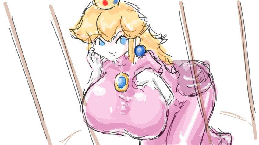 1girl blonde_hair blue_eyes breasts cage dress gloves hand_on_own_chest hanging_breasts highres kneeling large_breasts leaning_forward long_hair looking_at_viewer mario_(series) nintendo oekaki princess princess_peach smile solo