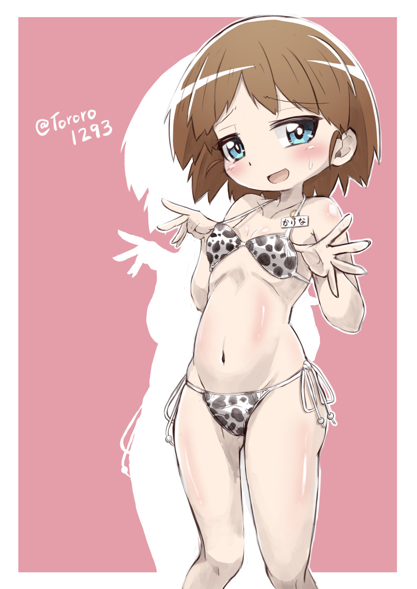 1girl absurdres adjusting_clothes adjusting_swimsuit animal_print bikini blue_eyes blush border breasts brown_hair character_name commentary cow_print embarrassed girls_und_panzer halterneck highres looking_at_viewer name_tag navel open_mouth outside_border pink_background print_bikini sakaguchi_karina short_hair side-tie_bikini_bottom silhouette small_breasts smile solo standing string_bikini sweatdrop swimsuit translated twitter_username white_border yamakake_(tororo1293)