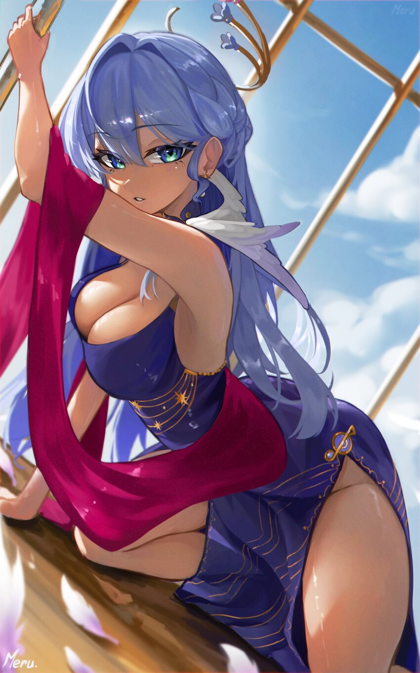 1girl absurdres all_fours alternate_costume arm_up artist_name blue_eyes blue_hair blue_sky breasts cage choker cleavage dress dutch_angle halo halo_behind_head head_wings highres honkai:_star_rail honkai_(series) in_cage jewel_under_eye large_breasts long_hair looking_at_viewer m3ru parted_lips pink_shawl purple_choker purple_dress robin_(honkai:_star_rail) shawl sky solo white_wings wings