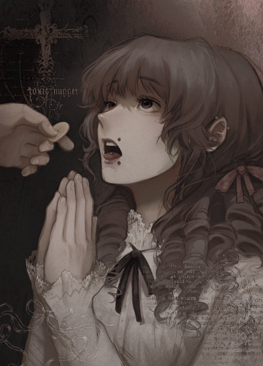 1girl 1other absurdres artist_name black_ribbon brown_eyes brown_hair christianity commentary communion english_commentary fear_&amp;_hunger fear_&amp;_hunger_2:_termina frilled_shirt_collar frills hair_ribbon highres long_hair long_sleeves looking_up marina_(fear_&amp;_hunger) mouth_piercing multiple_piercings neck_ribbon open_mouth piercing praying ribbon shirt sleeves_past_wrists solo_focus tongue_piercing toxic_nugget white_shirt