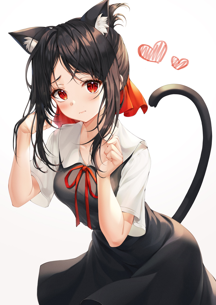 1girl animal_ear_fluff animal_ears black_dress black_hair blouse breasts cat_ears cat_girl cat_tail dress frown hands_up heart highres kaguya-sama_wa_kokurasetai_~tensai-tachi_no_renai_zunousen~ long_hair looking_at_viewer mellozzo neck_ribbon red_eyes ribbon school_uniform shinomiya_kaguya shirt short_sleeves shuuchiin_academy_school_uniform simple_background sleeveless sleeveless_dress small_breasts solo tail tail_raised white_background white_shirt wing_collar