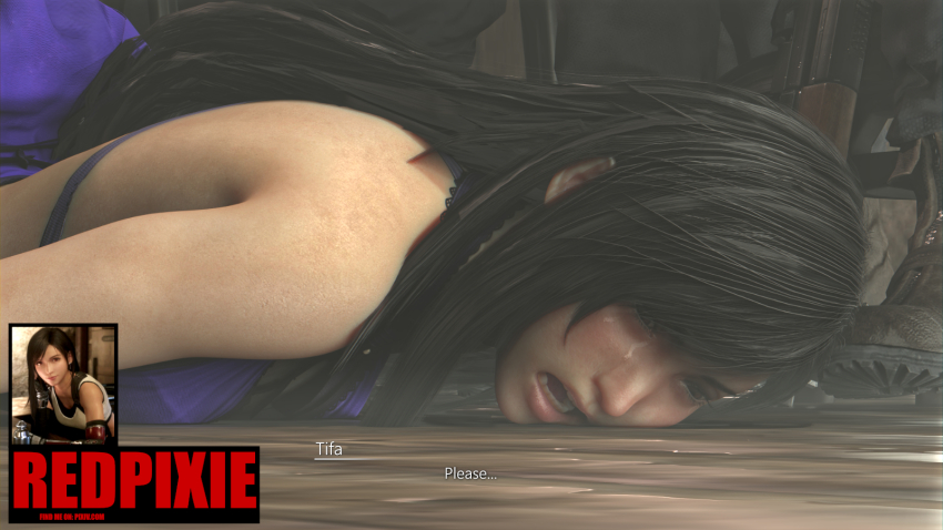 black_hair blender_(medium) blue_dress dress face_down final_fantasy final_fantasy_vii final_fantasy_vii_remake guro lying on_floor on_stomach pleading pleading_eyes tagme tifa_lockhart tifa_lockhart_(refined_dress)