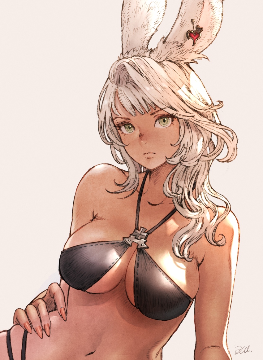 1girl absurdres animal_ear_fluff animal_ears warrior_of_light_(ff14) bare_arms bare_shoulders bikini bikini_day black_bikini blush breasts cleavage closed_mouth collarbone criss-cross_halter cross dark-skinned_female dark_skin ear_piercing earrings final_fantasy final_fantasy_xiv fingernails frown green_eyes hair_intakes halterneck hand_on_own_hip heart heart_earrings highres jewelry kuroimori leaning_to_the_side long_hair looking_at_viewer medium_breasts multi-strapped_bikini navel nose_blush piercing rabbit_ears signature simple_background single_earring skindentation solo stomach string_bikini swimsuit upper_body viera white_hair