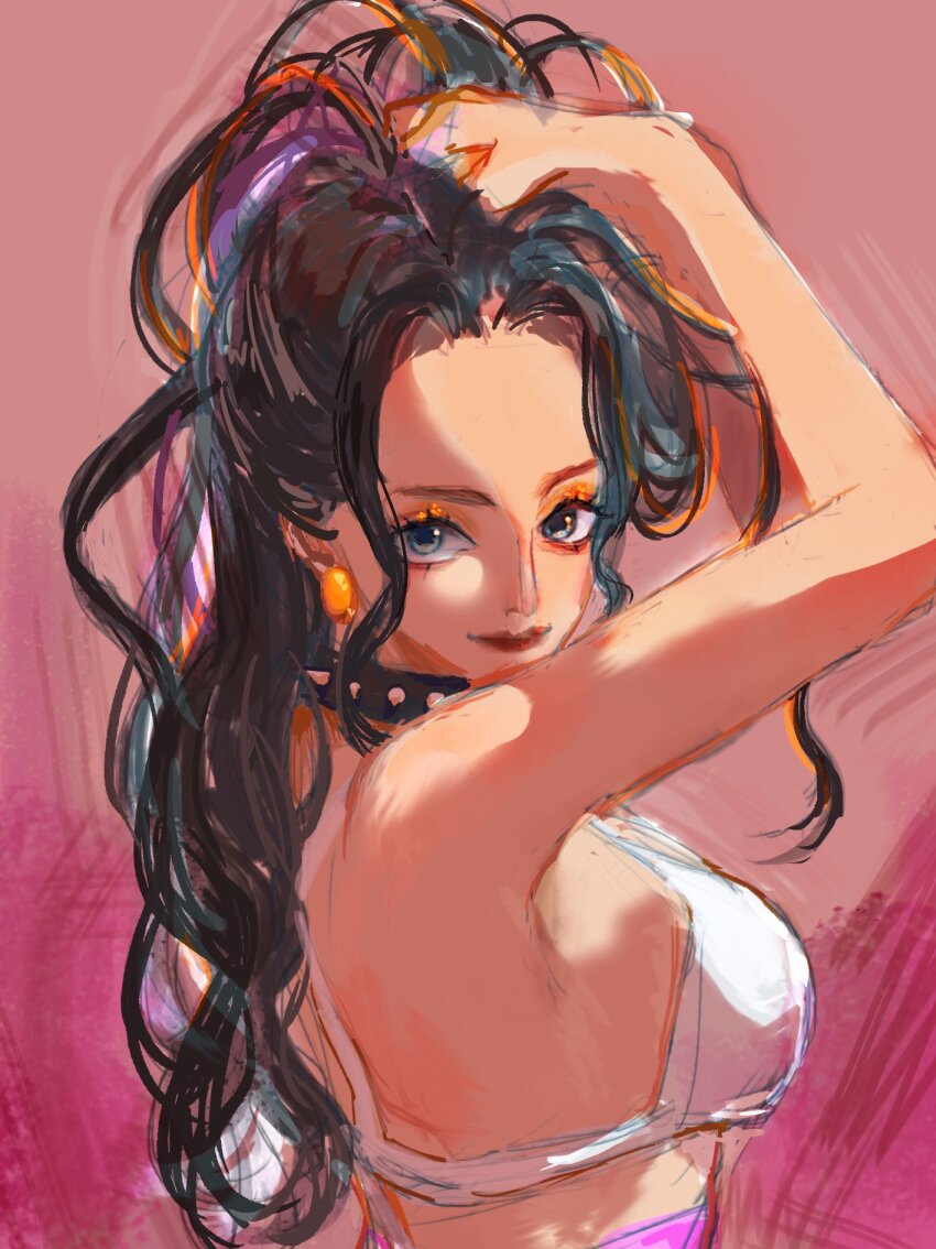 1girl black_hair blue_eyes choker commentary earrings english_commentary eyeshadow highres holding holding_own_hair jewelry long_hair looking_at_viewer ltangtang116772 makeup mascara nico_robin one_piece orange_eyeshadow pink_background profile sidelocks smile solo upper_body