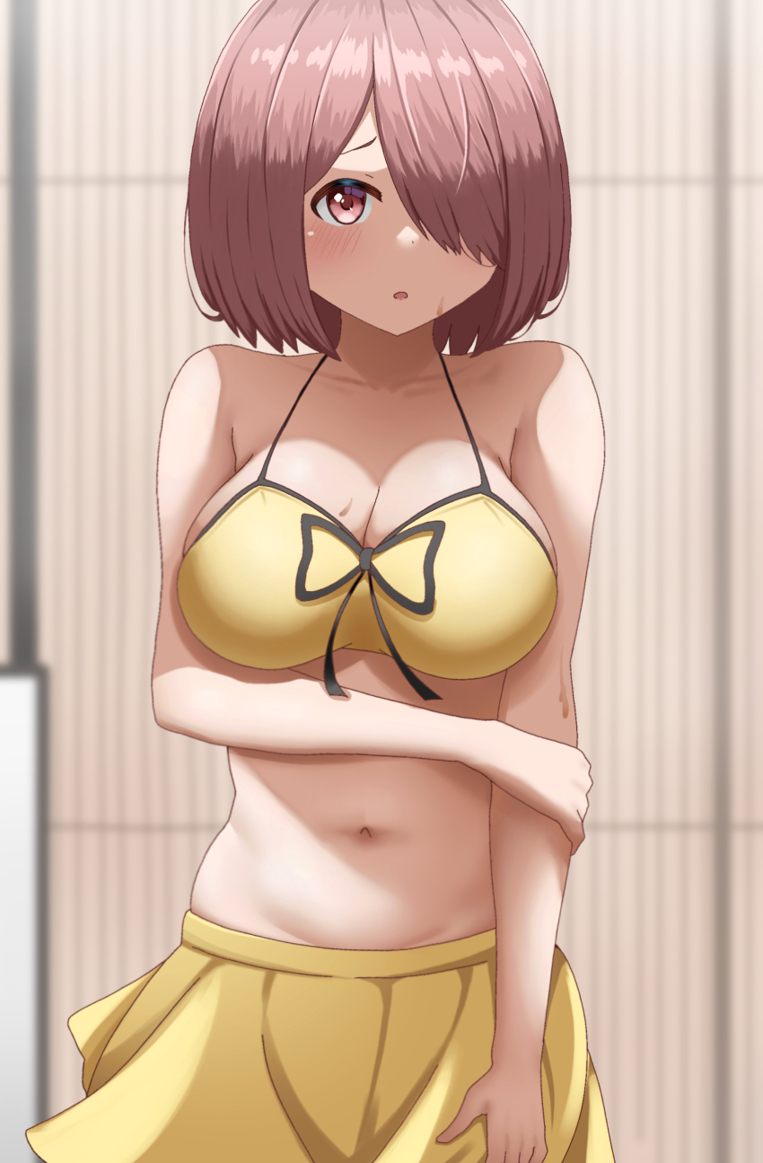 1girl absurdres bare_shoulders bikini blurry blurry_background blush breasts brown_eyes collarbone commentary dot_nose hair_over_one_eye hand_on_own_arm highres hoshino_miyako_(wataten) large_breasts light_brown_hair looking_at_viewer navel parted_lips poa_mellhen raised_eyebrow skirt solo sweat swimsuit watashi_ni_tenshi_ga_maiorita! yellow_bikini yellow_skirt