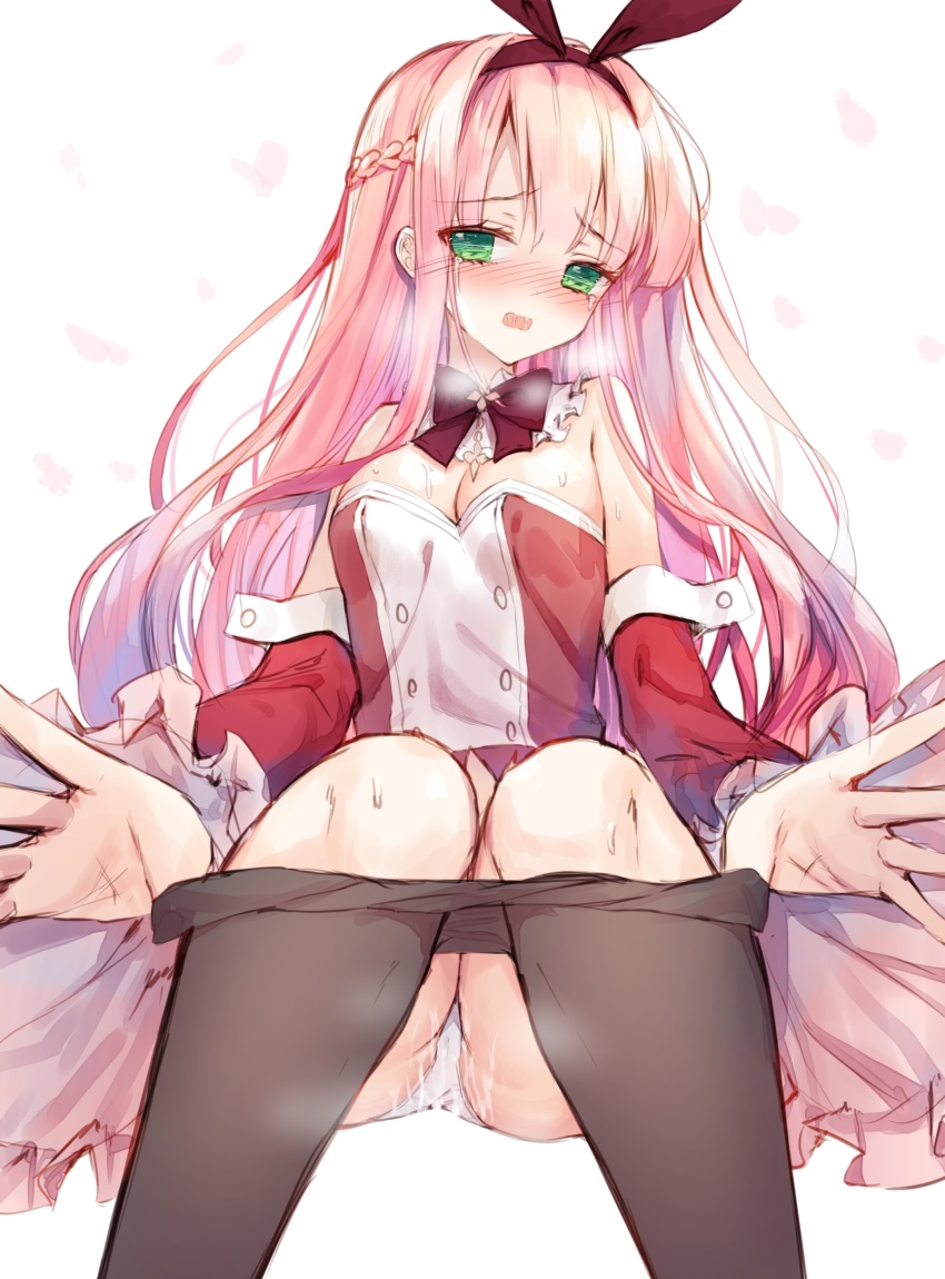 1girl absurdres arcaea ass blush braid breasts brown_hairband brown_pantyhose brown_ribbon cleavage clothes_pull commentary crying crying_with_eyes_open detached_sleeves dress green_eyes hair_between_eyes hair_ribbon hairband highres kou_(arcaea) long_hair long_sleeves medium_breasts nose_blush open_mouth panties pantyhose pantyhose_pull petals pink_hair pulling_own_clothes red_dress red_sleeves ribbon saliva solo strapless strapless_dress suggestive_fluid sweat symbol-only_commentary tandohark tears underwear very_long_hair white_background white_panties