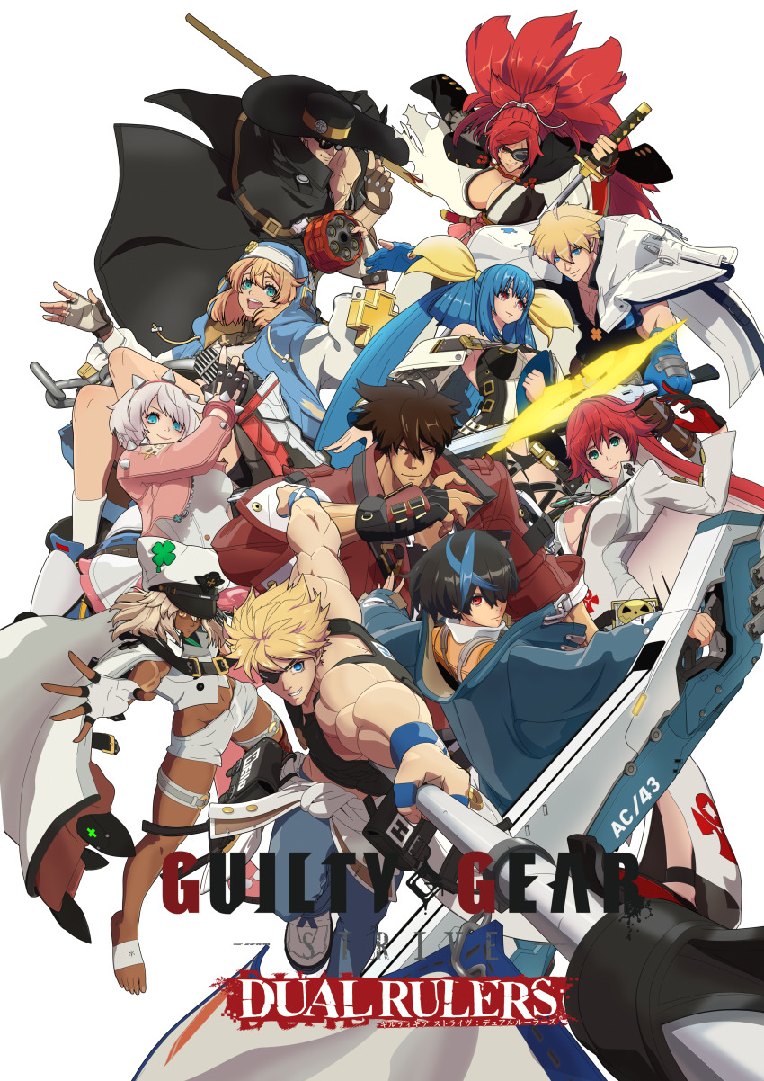 5boys 6+girls absurdres asymmetrical_wings baiken blue_hair bodysuit breasts bridget_(guilty_gear) dizzy_(guilty_gear) elphelt_valentine green_eyes guilty_gear guilty_gear_strive hair_between_eyes halo highres jack-o&#039;_valentine ky_kiske long_hair multicolored_hair multiple_boys multiple_girls muscular muscular_male official_art ramlethal_valentine red_eyes red_hair ribbon sin_kiske sol_badguy spiked_halo two-tone_hair unika_(guilty_gear) white_bodysuit white_hair wings