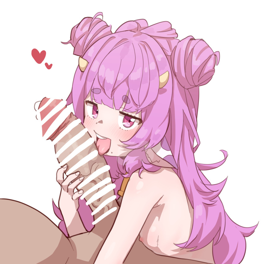 1boy 1girl animal_ears bar_censor bell blush breasts censored cow_ears double_bun erection fellatio hair_bun heart horns licking licking_penis long_hair looking_at_viewer ludo0109 muu_muyu nipples nude oral penis phase_connect pink_eyes purple_hair small_breasts tongue tongue_out white_background