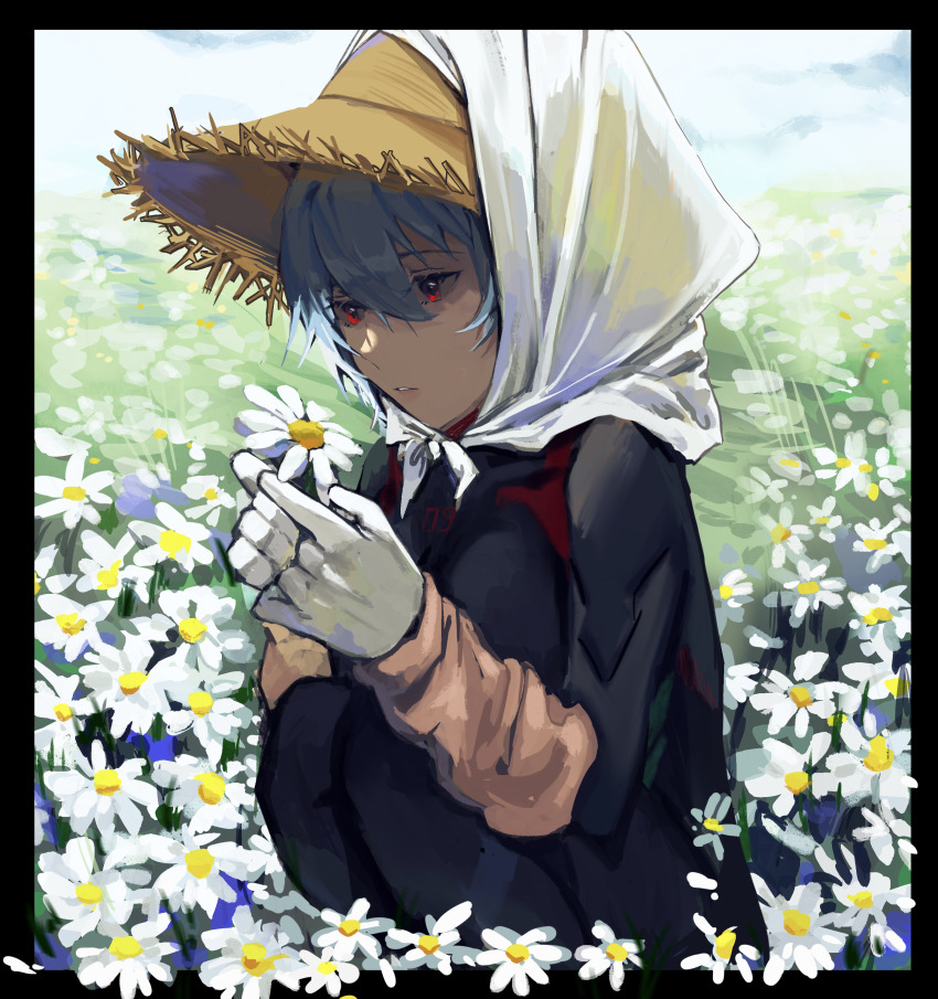 1girl absurdres ayanami_rei bandana blue_hair daisy evangelion:_3.0+1.0_thrice_upon_a_time field flower flower_field gloves hat highres holding holding_flower mecha_pilot_suit neon_genesis_evangelion outdoors plugsuit rebuild_of_evangelion red_eyes short_hair sitting sky solo straw_hat tenderina_123 white_bandana white_gloves