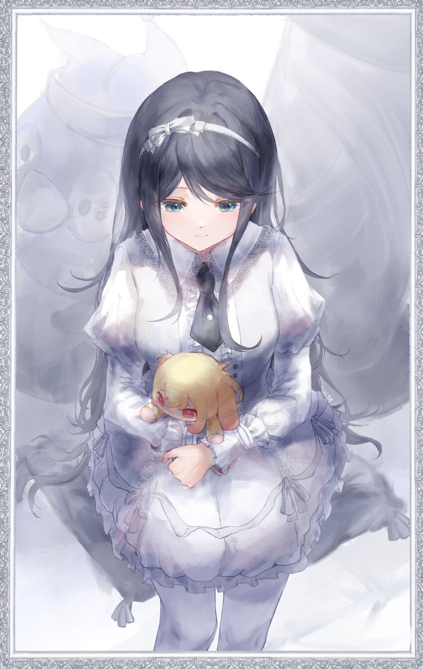 1girl black_hair black_necktie blue_eyes bow dress hairband highres holding hoshino_ichika_(project_sekai) long_hair long_sleeves necktie nongmndish_lc pantyhose project_sekai puffy_sleeves sitting smile white_dress