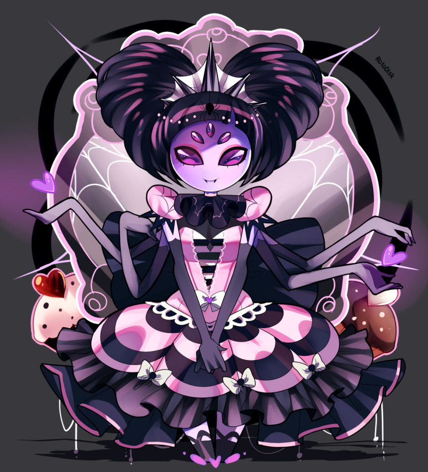 1girl alternate_costume alternate_hairstyle artist_name black_hair bug collar colored_skin commentary cupcake dress extra_arms extra_eyes fangs food frilled_collar frilled_shirt_collar frills heart highres icing arthropod_girl looking_at_viewer monster_girl muffet purple_eyes purple_skin rotodisk silk smile spider spider_web tiara undertale