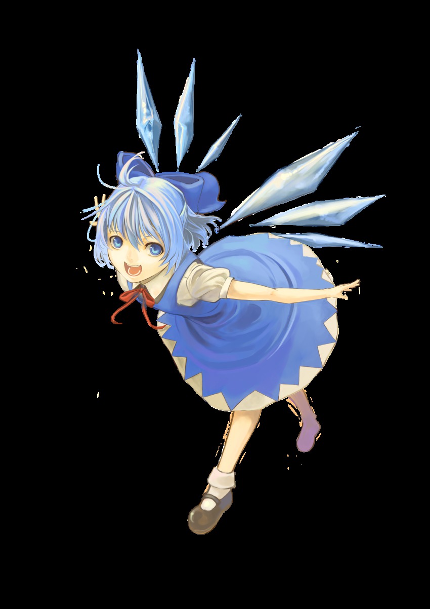 1girl blue_eyes blue_hair bow cirno female_focus full_body hair_bow highres matching_hair/eyes mizore_akihiro short_hair solo embodiment_of_scarlet_devil touhou transparent_background wings