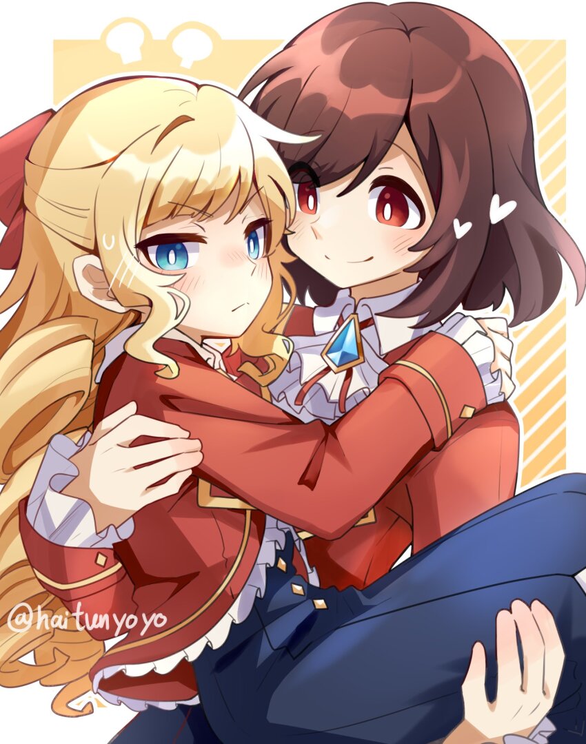 2girls ascot blonde_hair blue_eyes blush bow brown_hair carrying claire_francois drill_hair frilled_jacket frills haitunyoyo highres jacket long_skirt long_sleeves looking_at_viewer medium_hair multiple_girls princess_carry rae_taylor red_bow red_eyes red_jacket school_uniform skirt sweat watashi_no_oshi_wa_akuyaku_reijou white_ascot yuri