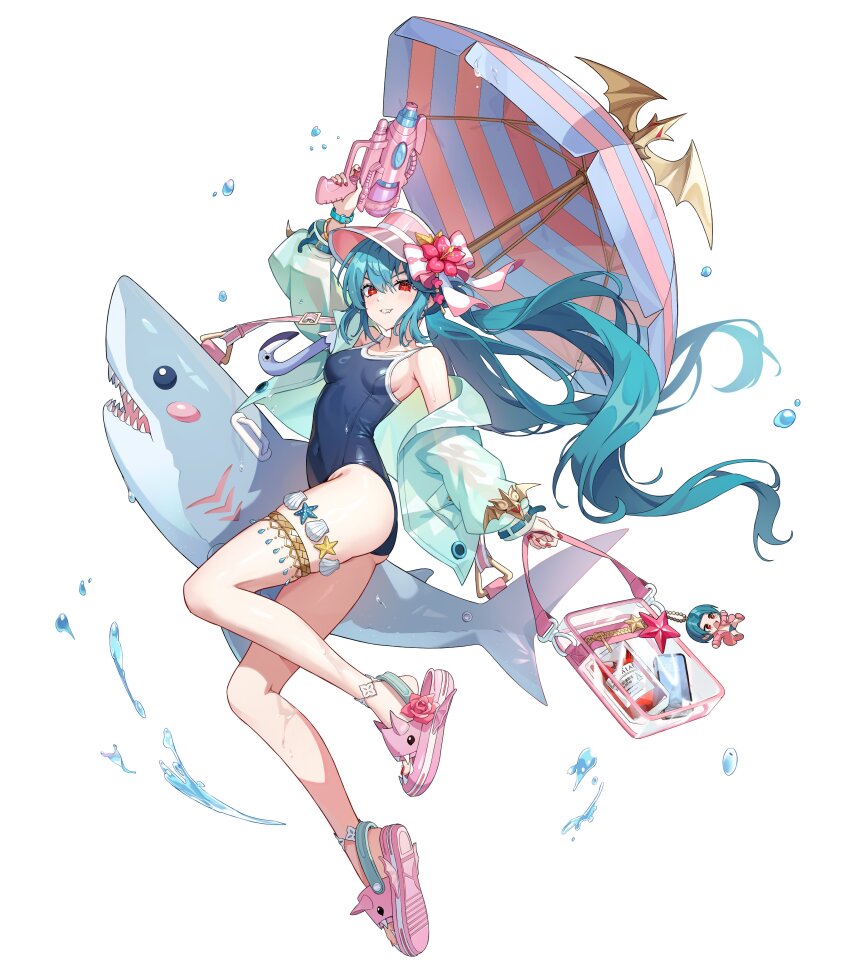 1girl absurdres aqua_hair bag bag_charm beach_umbrella bianca_(black_survival) black_survival blood blood_bag blue_jacket blue_one-piece_swimsuit breasts bubble cellphone character_charm character_request charm_(object) commentary_request competition_school_swimsuit covered_navel cross-shaped_pupils eternal_return:_black_survival fingernails flower from_side grin hair_between_eyes hand_up hat hat_flower highleg highleg_one-piece_swimsuit highres holding holding_bag holding_water_gun inflatable_shark inflatable_toy jacket korean_commentary light_blush long_fingernails long_hair long_sleeves looking_at_viewer medium_breasts nail_polish off_shoulder one-piece_swimsuit open_clothes open_jacket phone pink_flower pink_sandals puffy_long_sleeves puffy_sleeves red_eyes red_nails sandals school_swimsuit shell simple_background smartphone smile solo songjinyon53211 starfish swimsuit symbol-shaped_pupils thigh_strap toenail_polish toenails toes transparent_bag umbrella very_long_hair visor_cap watch water water_drop water_gun wet white_background wristwatch