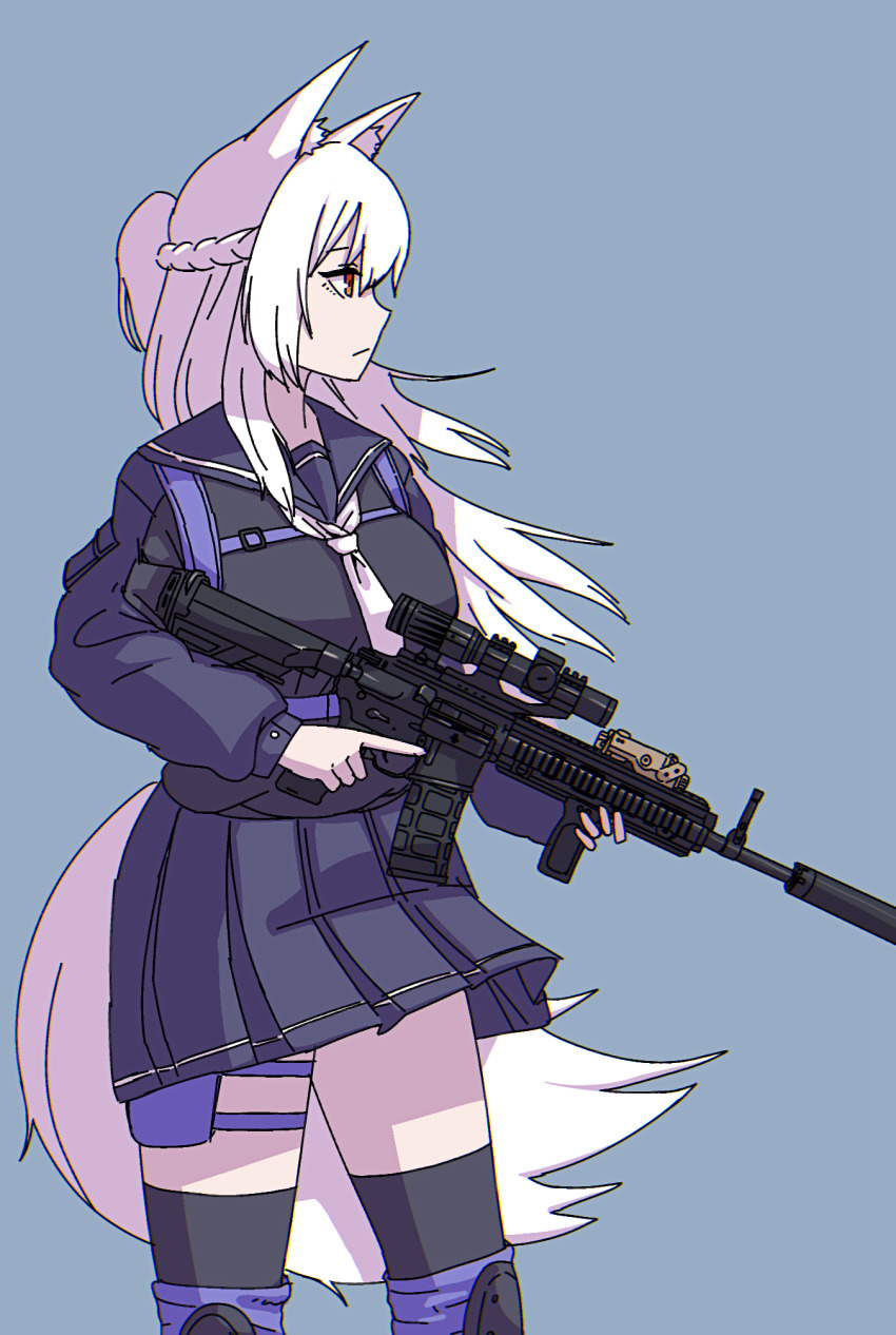 1girl animal_ear_fluff animal_ears black_sailor_collar black_serafuku black_shirt black_skirt black_thighhighs braid breasts closed_mouth commission copyright_request eyebrows_hidden_by_hair floating_hair grey_background gun hair_between_eyes highres holding holding_gun holding_weapon knee_pads long_hair long_sleeves looking_away medium_breasts ponytail puffy_long_sleeves puffy_sleeves red_eyes sailor_collar school_uniform serafuku sharpy_(kdy000913) shirt simple_background skirt solo tail thighhighs trigger_discipline very_long_hair weapon weapon_request white_hair