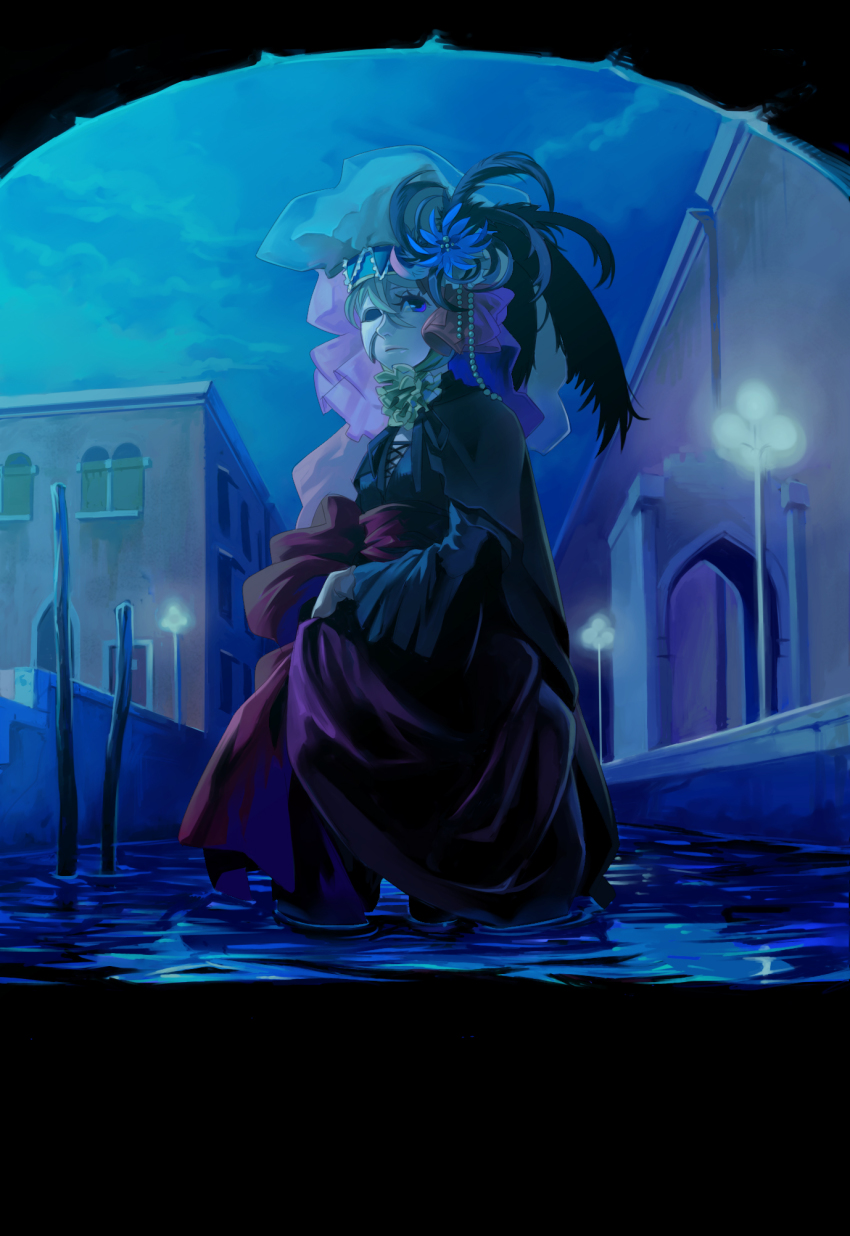 blonde_hair blue_eyes dress highres mask night original solo water yukihiko