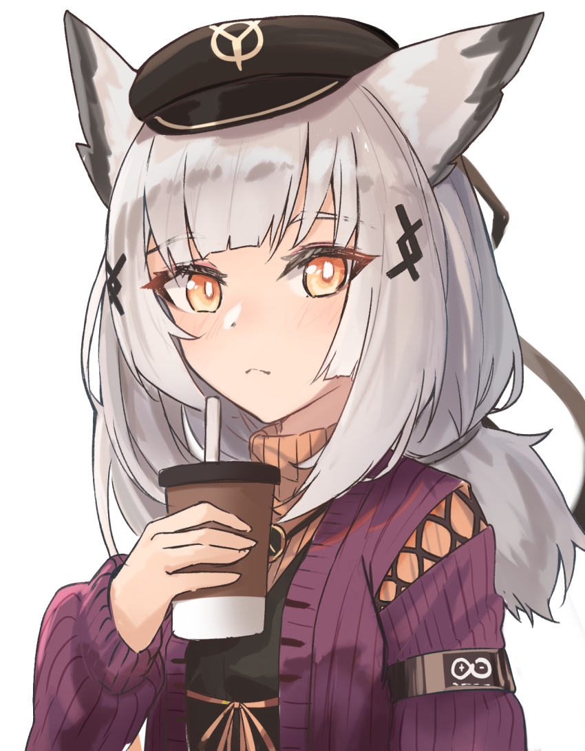 1girl animal_ears arknights armband black_hat blush commentary_request cup disposable_cup drinking_straw hair_ornament hat highres holding holding_cup jacket kashiyarrm long_hair long_sleeves official_alternate_costume orange_eyes owl_ears ptilopsis_(arknights) ptilopsis_(serenity)_(arknights) purple_jacket rhine_lab_logo ribbed_sweater silver_hair simple_background solo sweater turtleneck turtleneck_sweater white_background