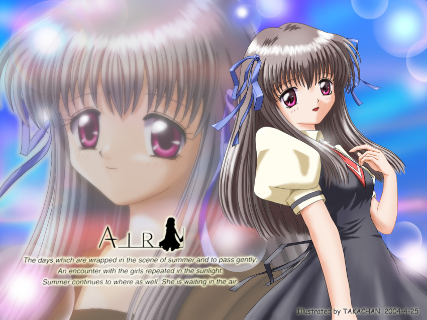 00s 1girl air_(visual_novel) artist_name copyright_name dated dress english_text engrish_text female_focus highres long_hair looking_at_viewer puffy_sleeves ranguage ribbon school_uniform short_dress solo takachan toono_minagi