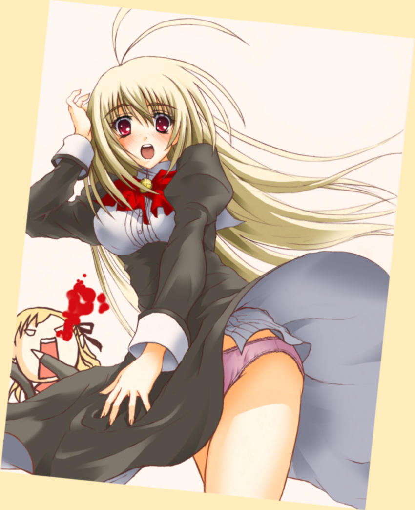 00s 1boy 1girl antenna_hair blonde_hair blood crossdressing esuurya highres itsukushima_takako long_hair miyanokouji_mizuho nosebleed otome_wa_boku_ni_koishiteru panties pantyshot pink_panties red_eyes school_uniform trap underwear wind wind_lift